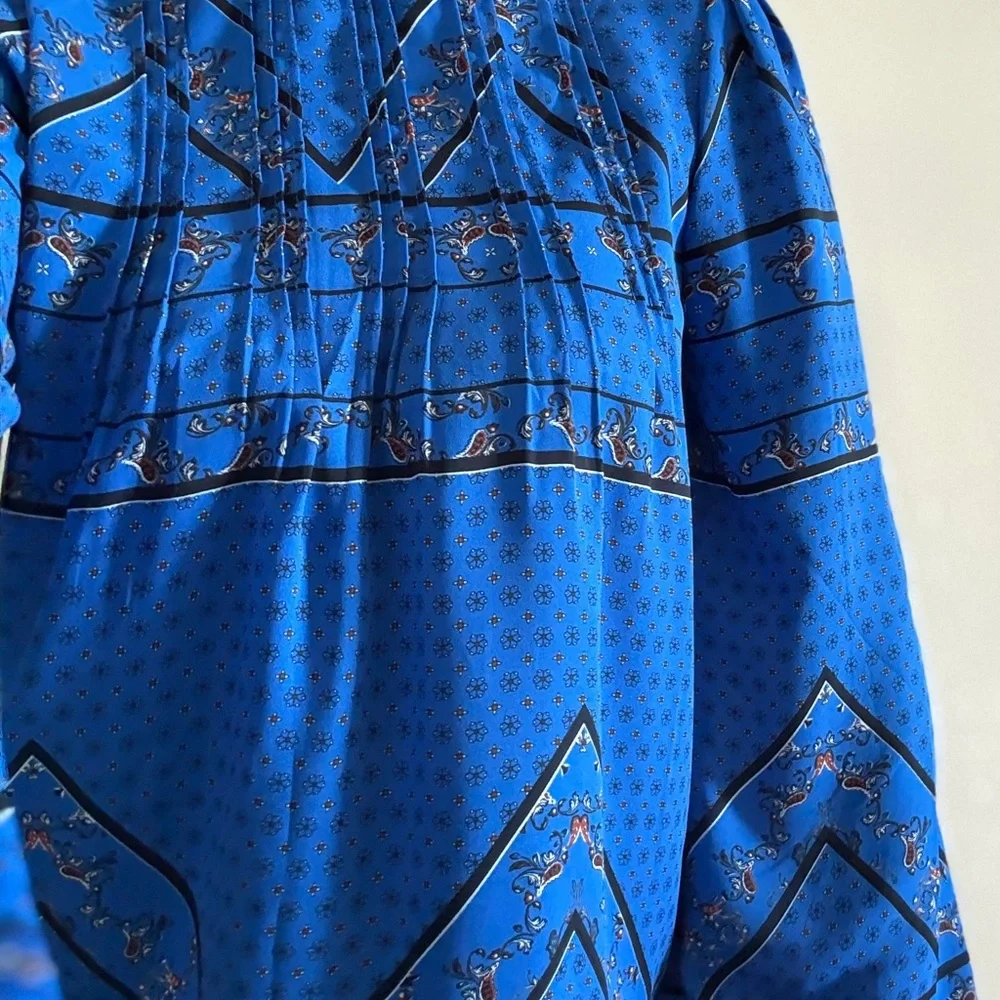 Boho Blue Blouse Balloon Sleeve Ruffle Neck Lightweight S